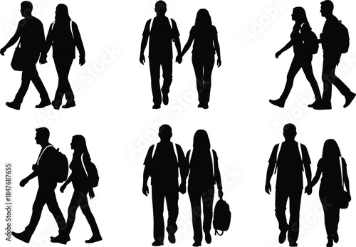 Silhouettes of young couples walking together carrying backpacks and bags representing travel adventure student life and romantic summer vacations outdoors.