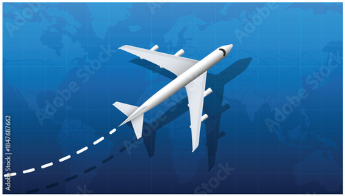 Airplane flying over world map with dotted route travel concept