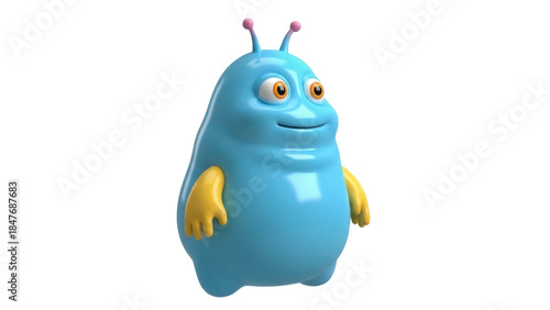 Isolated cartoonish alien creature with yellow hands and antennae on a neutral background