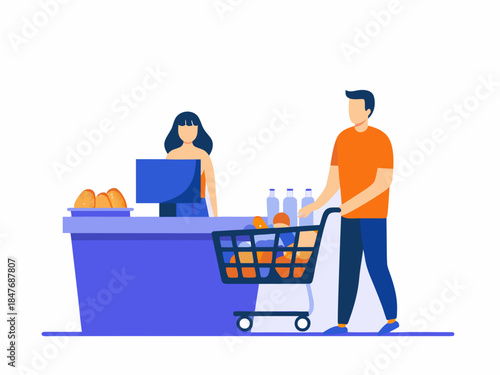 A customer checks out with groceries at a supermarket checkout counter