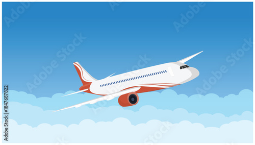 Commercial airplane flying above clouds in blue sky illustration