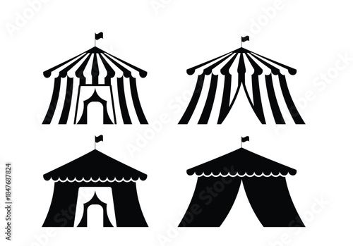 Circus tent icons set in black silhouette style isolated on white