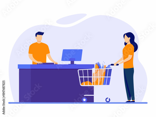 A customer checking out with groceries at a store checkout counter