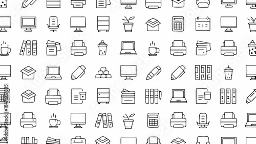 Collection of various outlined office and technology related icons on white background
