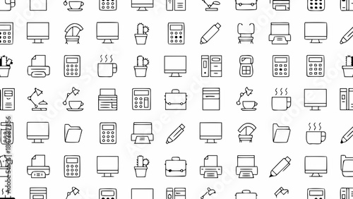 Collection of office equipment and technology icons in a seamless pattern