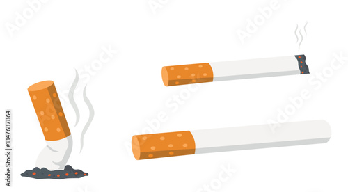 Cigarette smoking stages illustration with burning and extinguished cigarette