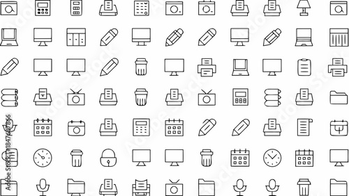 Collection of office and technology icons in a simple line art style