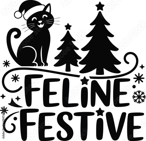 Festive black cat in Santa hat with Christmas trees