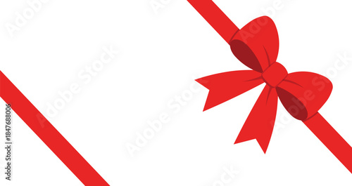 Diagonal red gift ribbon with large bow on clean white background, modern minimalist design with generous copy space, perfect for holiday, Christmas, sale banners, greeting cards.