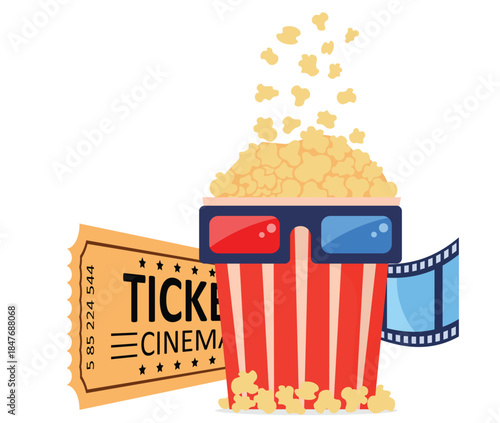 Cinema popcorn bucket with 3D glasses, ticket and film strip illustration