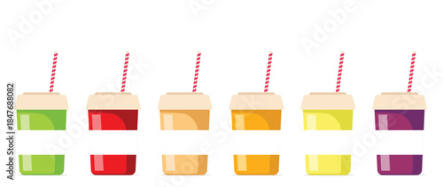 Colorful takeaway drink cups set with straws isolated on white background