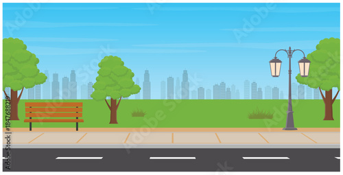 Urban city park landscape with bench, trees and street illustration