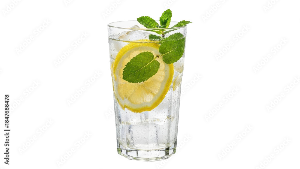 Fototapeta premium Refreshing Lemon Mint Water with Ice in Tall Glass