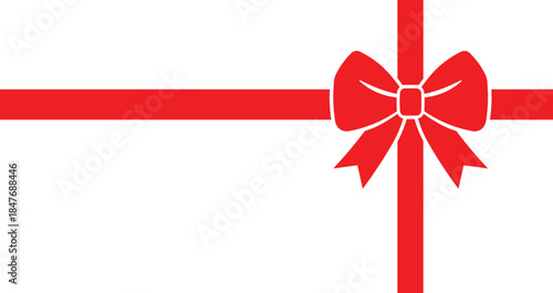 Minimalist illustration of bright red gift bow and ribbon on white background, horizontal and vertical bands crossing with copy space, ideal for holiday, Christmas, celebration, or gift card designs.