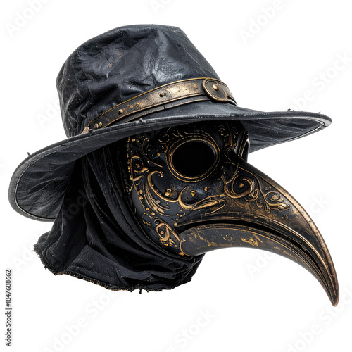 Ornate plague doctor mask with a hat, showing detail and texture