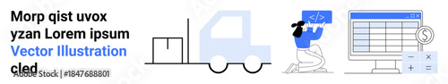 Business analytics, software development, data management, supply chain, e-commerce, coding. Graphic showing a truck, a programmer coding and a financial spreadsheet. Business analytics and software