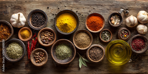 assorted cooking spices herbs and ingredients arranged on rustic kitchen table