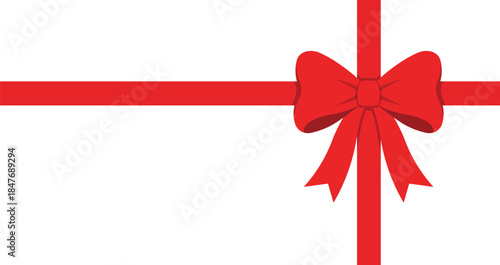 Minimalist illustration of bright red gift bow and ribbon on white background, horizontal and vertical bands crossing with copy space, ideal for holiday, Christmas, celebration, or gift card designs.