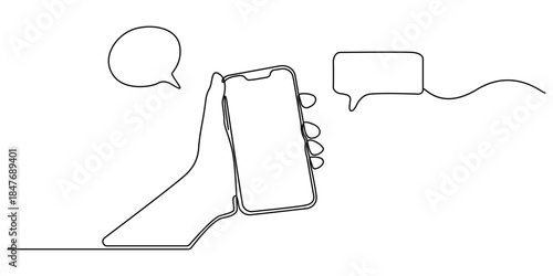Trendy halftone collage Hand holding phone send e-mail, envelope with at sign in continuous one line drawing.  Trendy illustration for business, web banner social media.