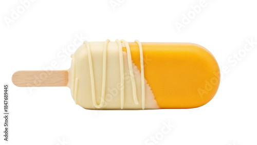 Bild auf Leinwand Isolated ice cream bar dessert on a stick with mango flavor and drizzle decorati