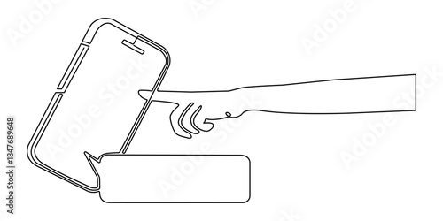 Trendy halftone collage Hand holding phone send e-mail, envelope with at sign in continuous one line drawing.  Trendy illustration for business, web banner social media.