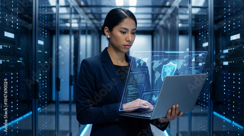 Cybersecurity analyst reviewing encrypted systems inside a data center