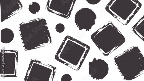 Black and white abstract grunge texture with rough squares and ink splatters