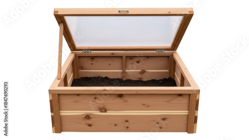 Фотография Isolated raised garden bed with opened transparent lid for plants, vegetable gro