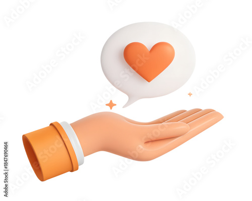 3D hand holding a heart shaped speech bubble symbolizing love care support and kindness concept