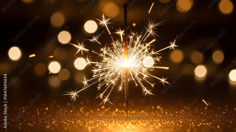 Obraz premium Sparkler burns brightly on sparkling golden surface with bokeh lights