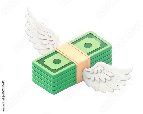 3D money stack with wings representing financial loss fast spending or budget outflow concept