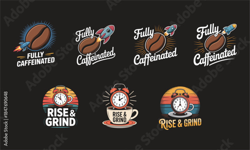 Coffee Themed Logos Featuring Rockets and Alarm Clocks Keywords: coffee, caffeine, energy