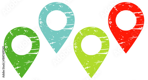Four textured map pins in green blue lime and red colors