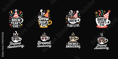 Coffee and New Year's Eve themed logos with party elements caffeine slogan