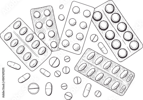 Hand drawn black and white blister packs and pills