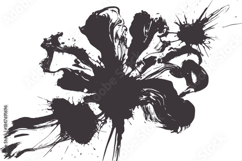 Monochrome abstract inkblot splash with dynamic brushstrokes