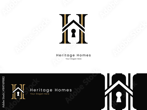 luxury h estate monogram with keyhole security symbol, prime property and heritage branding