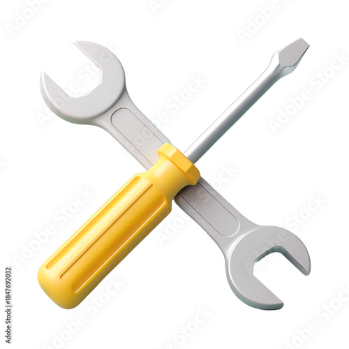3D rendering of yellow screwdriver and metal wrench crossed for maintenance service and tool icon concept