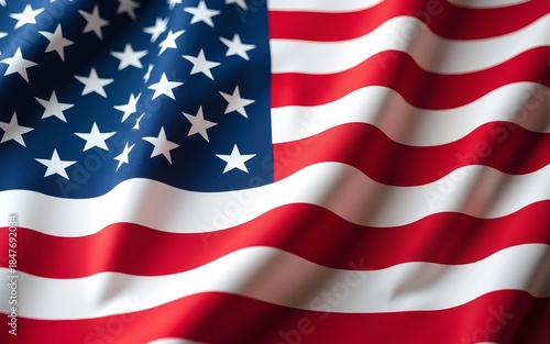 A close-up of the American flag, showing the red, white, and blue stripes and the stars. The fabric is textured and slightly wrinkled. High quality