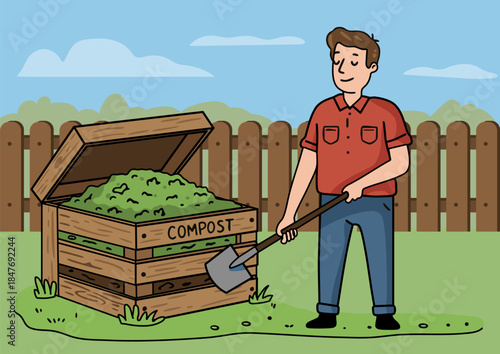 A man with a shovel standing next to a full wooden compost bin. Home organic waste recycling for gardening and eco-friendly lifestyle.