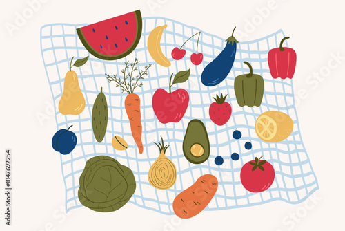 Vegetables and fruits. Hand drawn farming harvest. Illustration with eggplant, tomato, paprika, onion, lemon, watermelon, apple, strawberry, blueberry, pepper, cucumber, leaf lettuce. Organic food