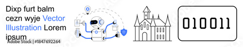 Artificial intelligence, digital security, automation, binary code, historic architecture, technology. Robot icon connecting devices, outline of a historic building binary number. Artificial