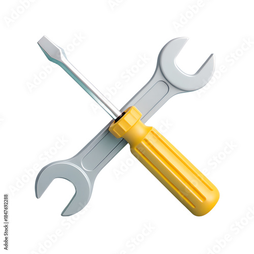 3D crossed screwdriver and wrench icon with yellow handle symbolizing tools maintenance and settings