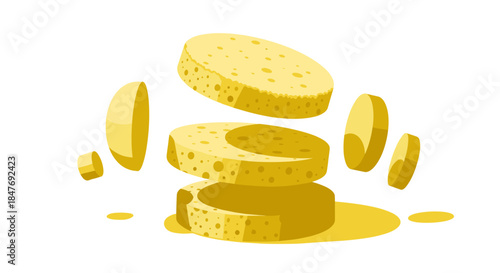 Yellow sponge disks artistically arranged and isolated on a pristine white background, showcasing a clean and minimalist design