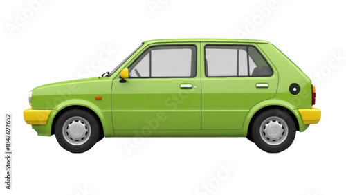 Isolated old-fashioned subcompact car with a green body and yellow bumpers for transportation use