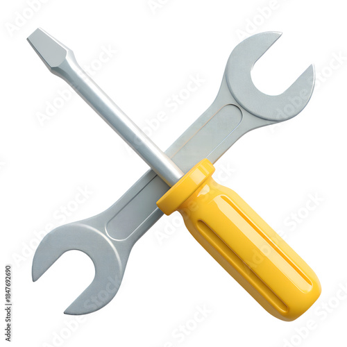 3D illustration of crossed screwdriver and wrench tools representing settings maintenance and repair concept