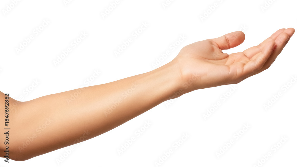 Fototapeta premium Isolated forearm with hand outstretched, offering an empty palm up and ready to give aid
