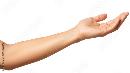 Fotografie Isolated forearm with hand outstretched, offering an empty palm up and ready to