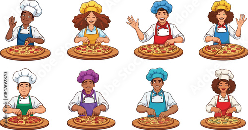 Diverse cartoon chefs preparing and slicing delicious pizzas on wooden boards, wearing colorful aprons and hats, professional cooking illustration