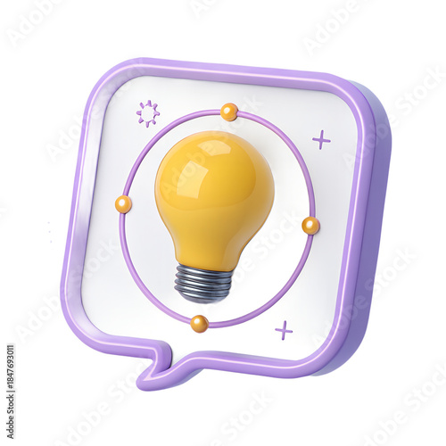3D light bulb in speech bubble icon with orbit design representing creative idea discussion and innovation